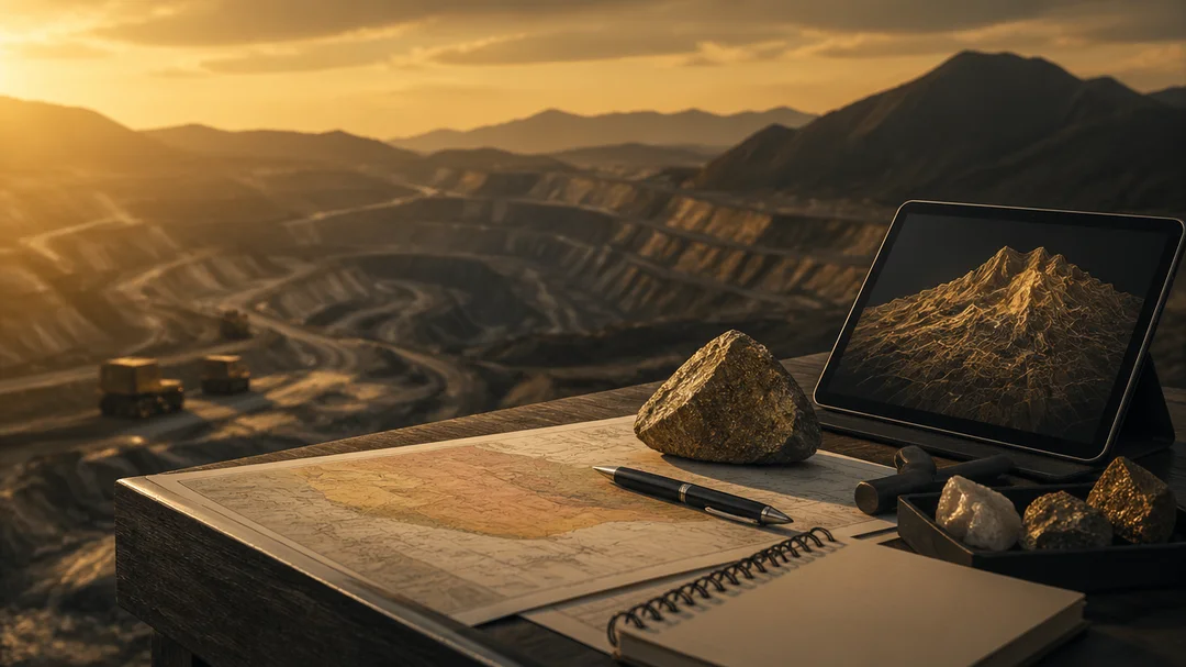 drilling rig at mining exploration site in mountains during golden hour sunset