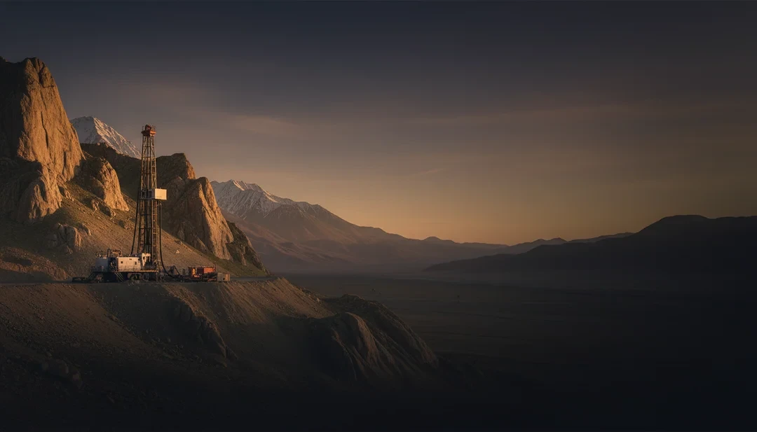 Gold exploration drilling site in a mountain landscape during sunset